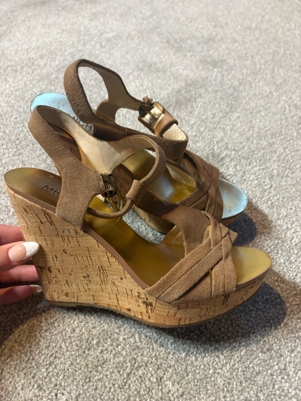 Women’s Michel Kors Brown Suede Cork Wedge Sandals